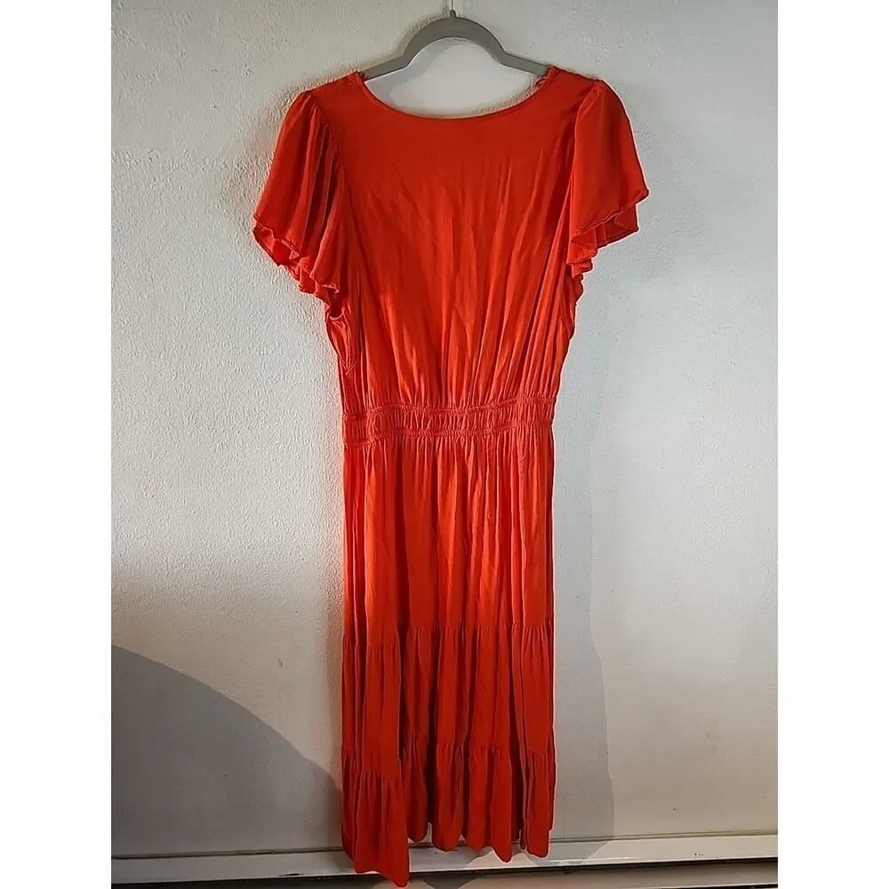 Knox Rose Women's M Orange V Neck Flutter Sleeve Maxi For Petite Flowy